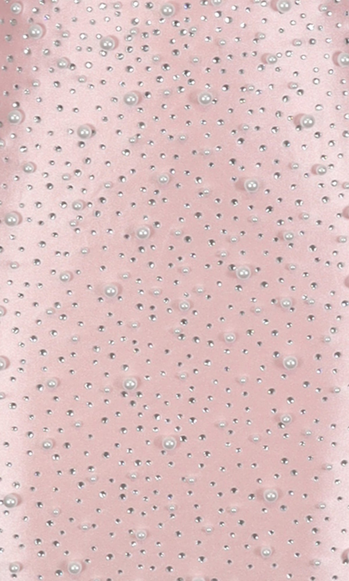 The Short Homecoming Dress: PromGirl Exclusive 250336 features light pink fabric with scattered rhinestone and pearl embellishments, ideal for a sleeveless mini dress look.